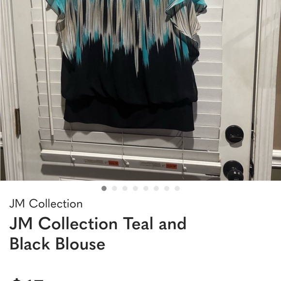 JM Collection Black and Teal Patterned Blouse - Picture 3 of 3